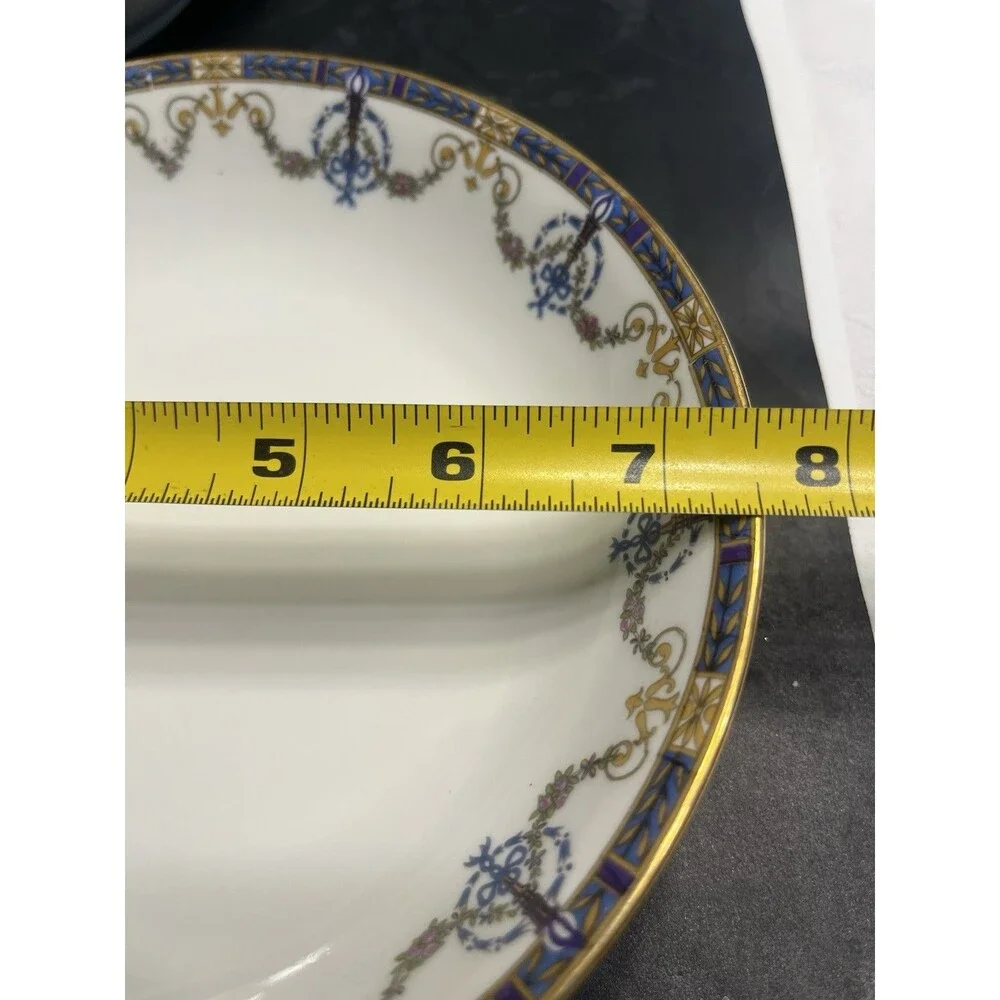c1920’s Jean Pouyat Limoges Blue Ribbon Floral Garland Gold Rim 7.5” Soup Bowls